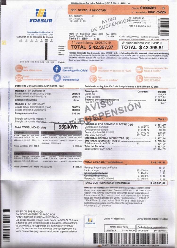 El 12 de Octubre le debe a Edesur 42 mil pesos y está acorralado por los tarifazos de Cambiemos