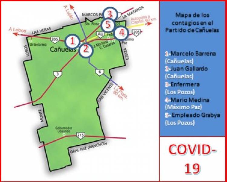 COVID-19: Cañuelas pasó a tener 5 casos activos en el distrito - Mapa de contagio al 3 de junio